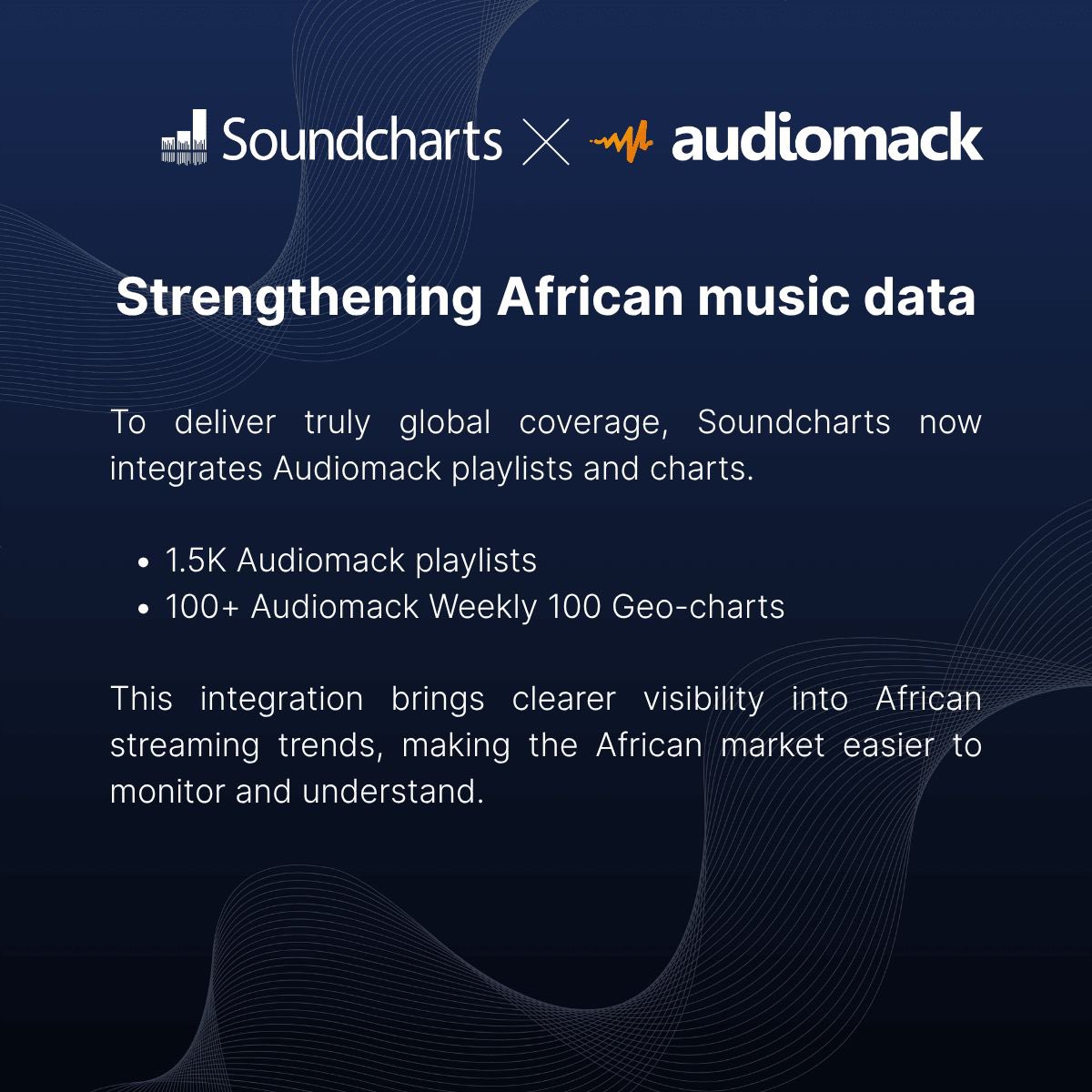 ArtisteTag's tweet photo. ICYMI:
Audiomack playlists and Geo Charts are now integrated into @soundcharts. 

- The partnership ensures African music consumption is more accurately reflected in global industry dashboards, giving rising artists visibility across the continent and the diaspora. https://t.co/AVpVn2ytvx