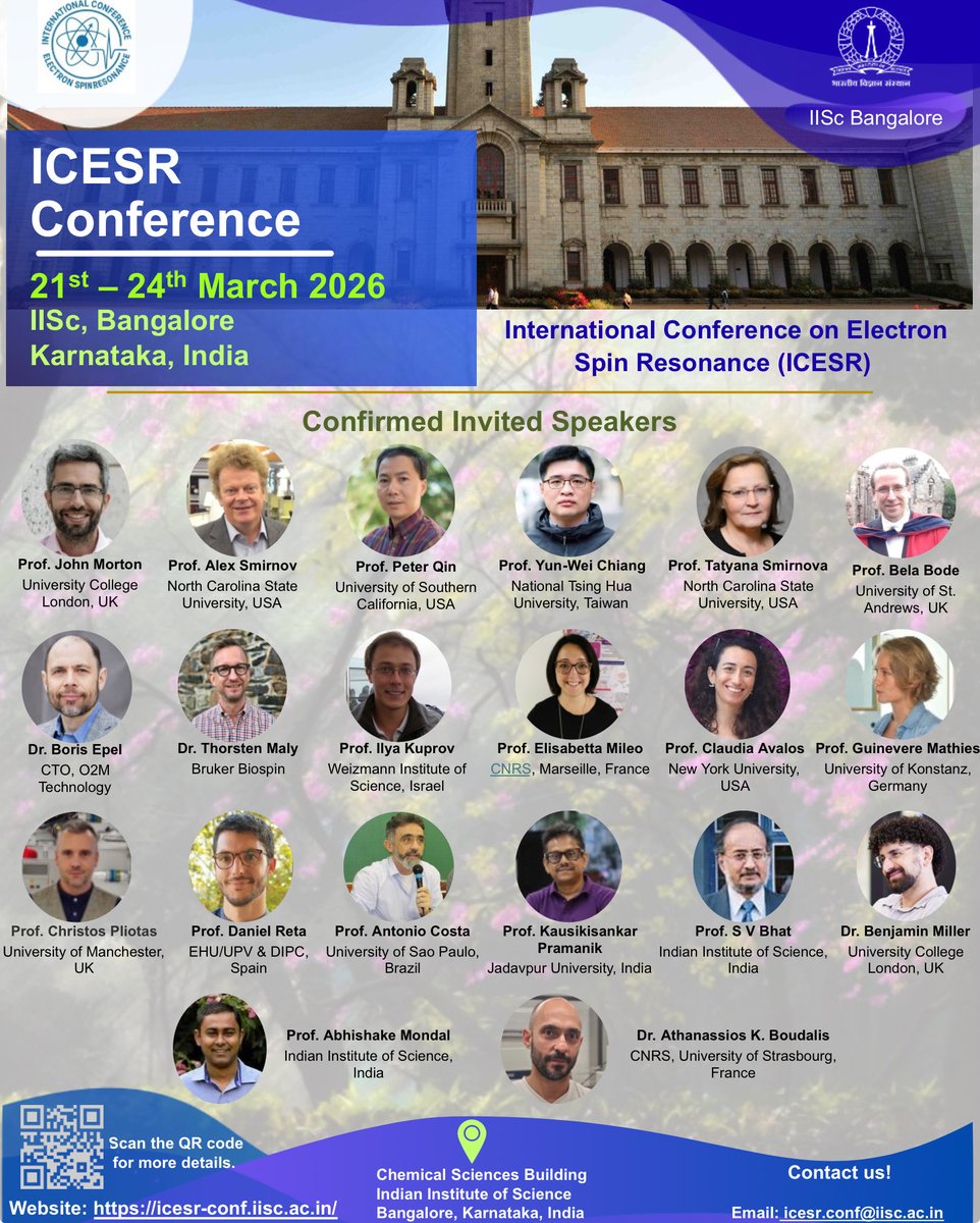 ICESR2026's tweet photo. Join the global ESR/EPR community for the inaugural International Conference on Electron Spin Resonance, taking place 21–24 March 2026.

We invite abstracts for oral and poster presentations (Deadline: 15 Jan 2026).

Visit https://t.co/t3NBgzuSVG

#ICESR2026 https://t.co/venC1qEqbM