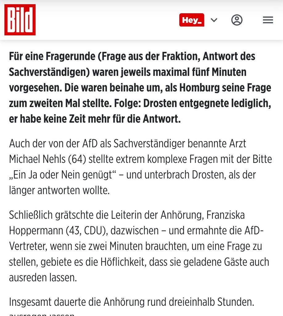 HannahStasi's tweet photo. 16/ Quant à #Nehls, il a posé des questions extrêmement complexes en demandant « un oui ou un non suffit » et a interrompu #Drosten lorsqu'il voulait répondre plus longuement. Même le journal conservateur-trash #Bild s'est offusqué du traitement réservé au #virologue ! 👇 https://t.co/nMRb70BAad