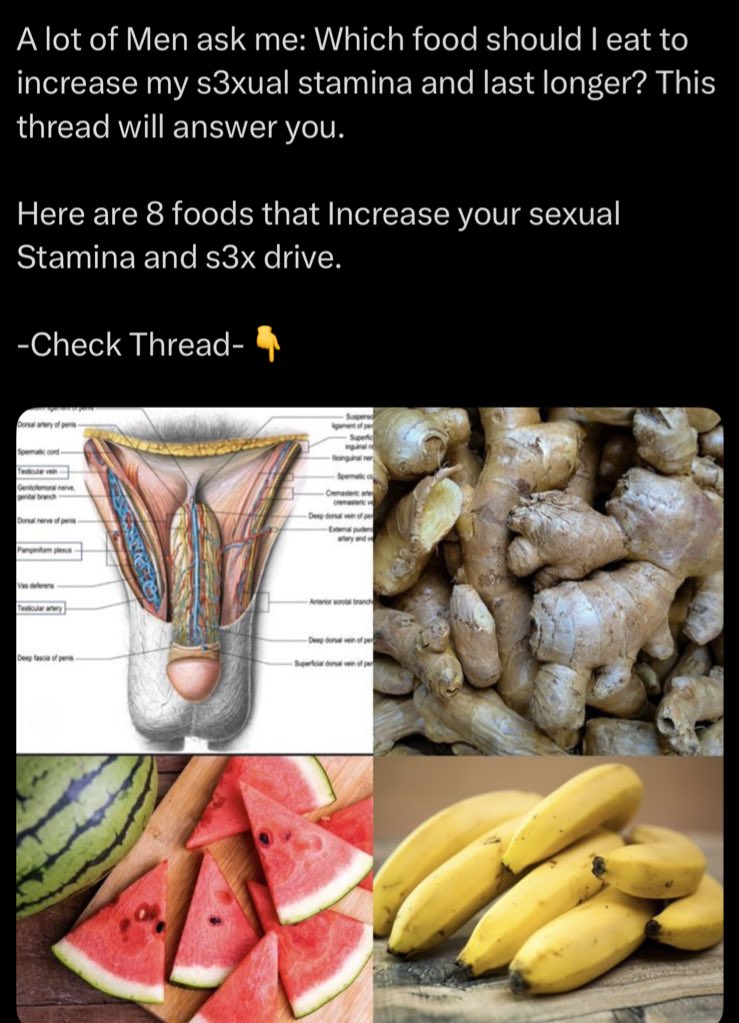 lot of Men ask me: Which food should I eat to increase my s3xual stamina and last longer? This thread will answer you.

Here are 8 foods that Increase your sexual Stamina and s3x drive. 

-Check Thread-👇