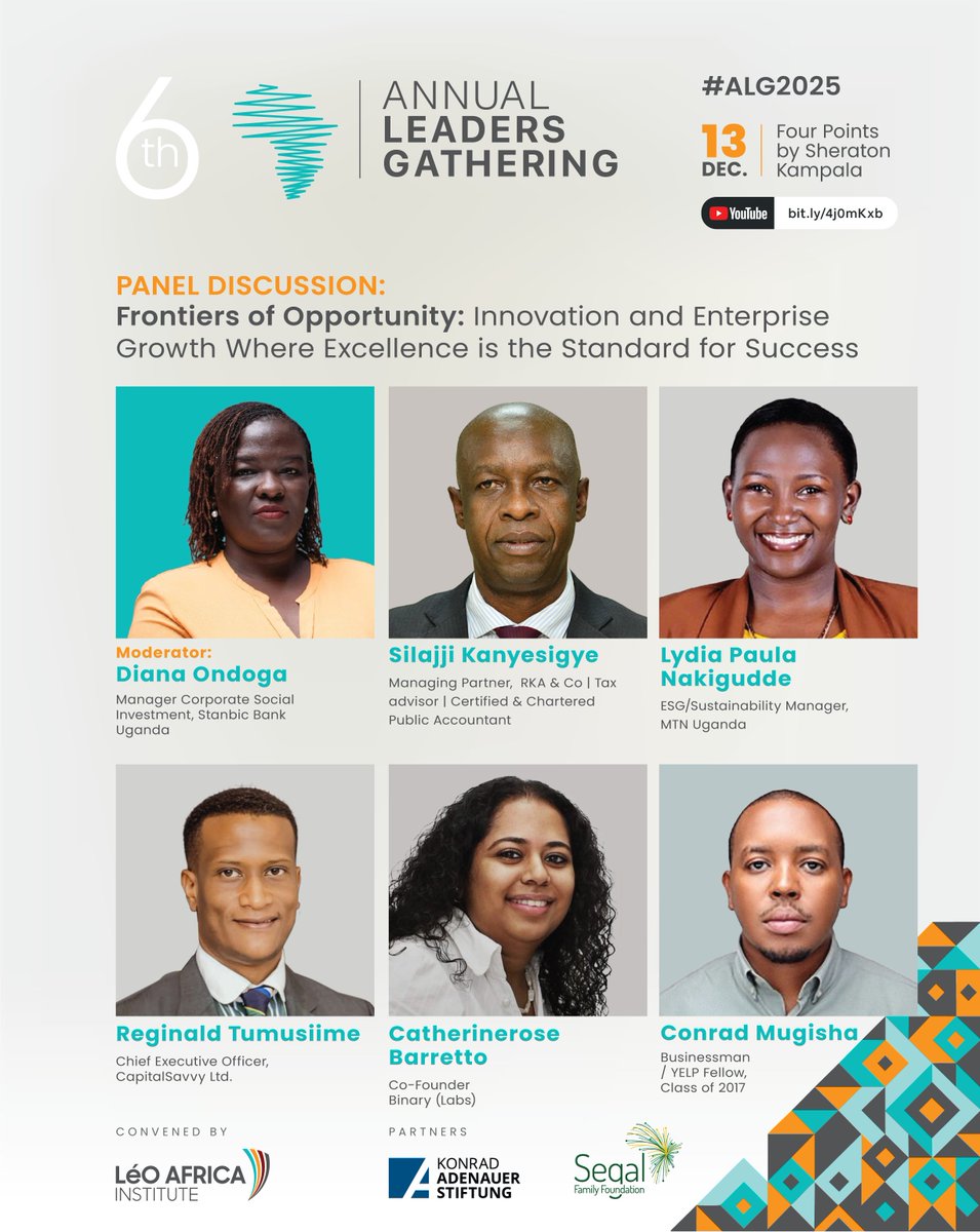 LeoAfricaInst's tweet photo. The afternoon panel at #ALG2025 explores the theme: 🧠"Frontiers of Opportunity: Innovation and Enterprise Growth Where Excellence is the Standard for Success."

📅3:30 PM - 4:30 PM | Diana Ondoga @ondoga moderates

Meet the Panelists:  

1️⃣ Silajji Kanyesigye | brings perspective on the structural foundations of enterprise growth through tax advisory, compliance, and financial governance.  

2⃣Lydia Paula Nakigudde | illustrates how responsibility informs innovation, ensuring business growth aligns with environmental and social considerations.  

3⃣Reginald Tumusiime @tumusiime_r | focuses on expanding financial literacy and preparing individuals and enterprises for informed investment.  

4⃣Catherinerose Barretto @CRBarretto | contributes insight from the technology ecosystem, developing digital products that respond to practical needs.  

5⃣Conrad Mugisha | brings experience from operating and expanding businesses in the local entrepreneurial environment. 

Expect insights on: 

✅ How innovation gains traction when built on credible systems 

✅ Aligning business growth with environmental and social responsibility 

✅ Expanding economic participation through financial literacy 

✅ Building enterprises that scale both impact and opportunity 

✅ Transforming ideas into systems, systems into enterprises, enterprises into lasting contributions

Excellence sets the standard. Collaboration expands the opportunity. Impact becomes the shared outcome.

📖 Read More 👉 https://t.co/SNtGmQQGQp