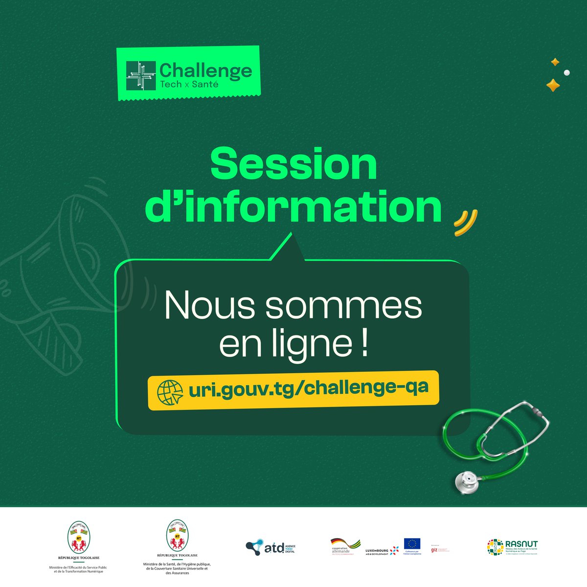 Nous sommes en ligne ! 

La session d’information sur le challenge Tech Santé vient de commencer ! 

Rejoignez-nous en direct via ce lien : uri.gouv.tg/challenge-qa

#MESPTN #MSHPCSUA #TogoDatalab #TransformationNumériqueTG #GIZ #SantéPublique #ChallengeTechSanté #TechSanté