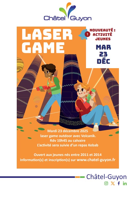 Chatel_Guyon's tweet photo. L'accueil de loisirs propose une nouvelle activité à destination des jeunes pour les vacances !🙋‍♀️Le 23 décembre, ils pourront profiter d'une matinée laser-game en plein air au Calvaire, suivie d'un repas kebab🥙Inscriptions ouvertes jusqu'au 18 décembre ➡️ https://t.co/wyyFlUtHR3 https://t.co/brVP3z88Zn