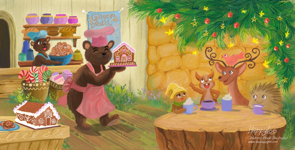 myhappylee's tweet photo. Hello, this is one of my latest artworks for the Wintery Woods Challenge. I imagined a cozy bakery cottage by the snowy forest, where friends gather. I plan to turn this one day into a full story I can pitch. #kidlitart #kidsbookillustration #childrensbookillustrator #kidlit https://t.co/bUil9FrAjl
