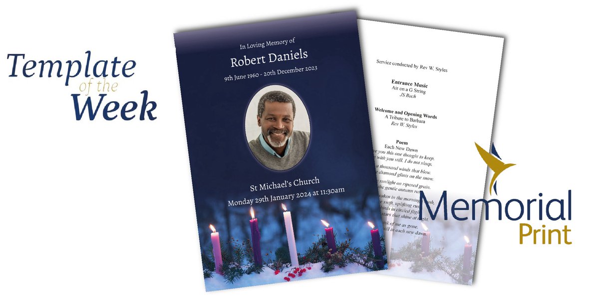 print_memorial's tweet photo. The candle embodies light, hope & the souls eternal flame. For your families it might symbolise love & remembrance; honouring both the spirit of the departed & the light they shared.
#TemplateOfTheWeek ๐ฏ๏ธ
#FuneralOrderOfService #MemorialPrint #Design #Print https://t.co/YnqFukw22R