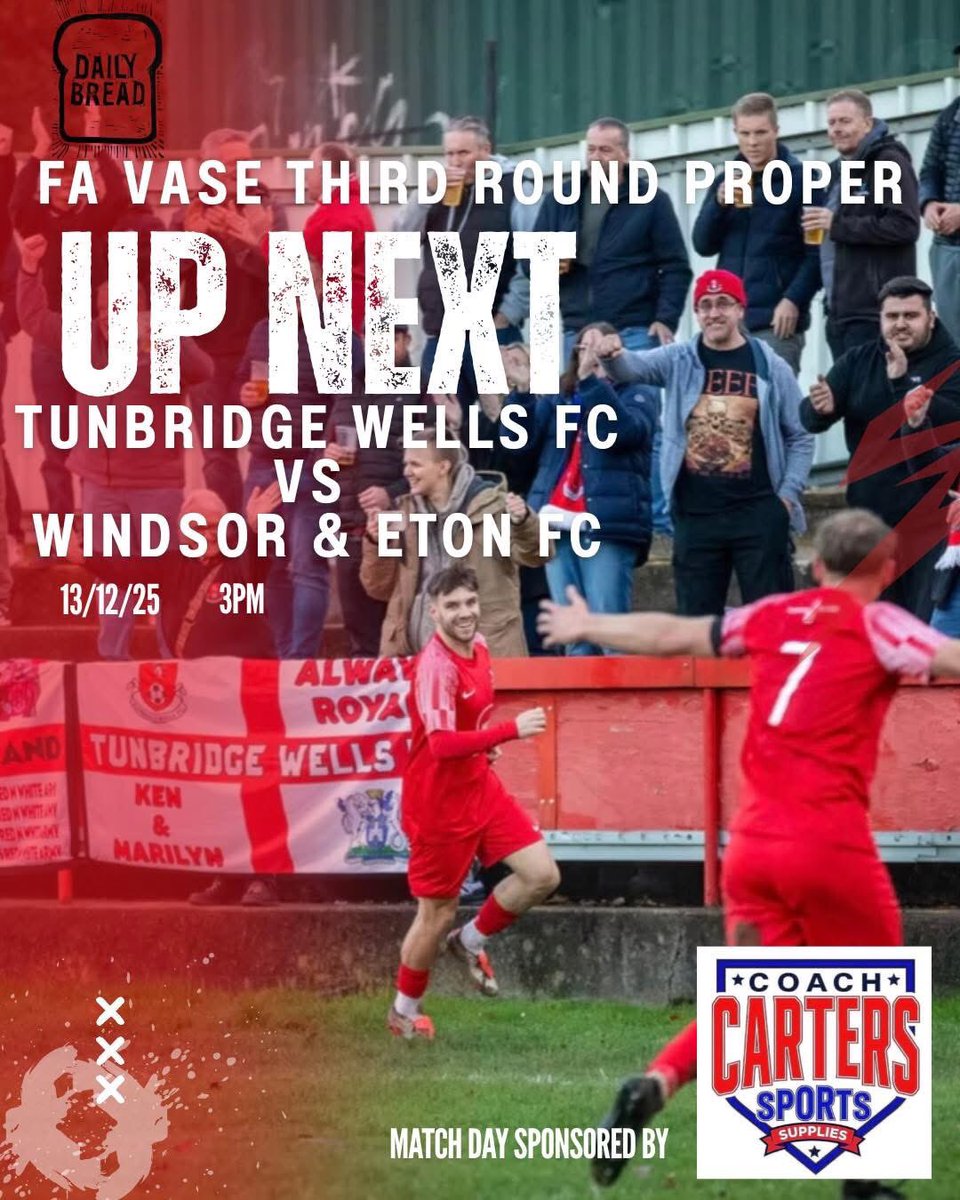 Tun_Wells_FC's tweet photo. 🔴⚪️ UP NEXT …..

We welcome Windsor &amp; Eton FC on Saturday for the FA Vase Third Round Proper it’s set to be a Royal occasion 👑 #letmakesomenoisefortheboys https://t.co/qpwOqH80Ti