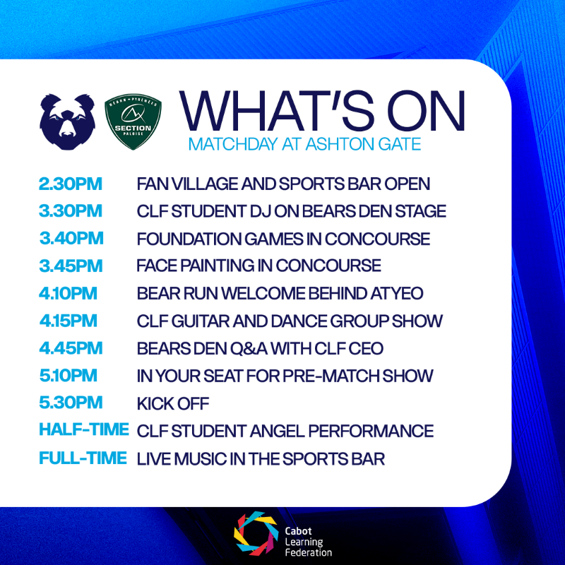 BristolBears's tweet photo. What's On: @Cabotfederation Takeover!

🎧 Student DJ on Bears Den Stage
🎸 CLF Guitar and Dance Group show
❓ Special Bears Den Q&amp;A with CLF
🎤 Half-time performance of Adele

A fun-filled matchday awaits in BS3 👇