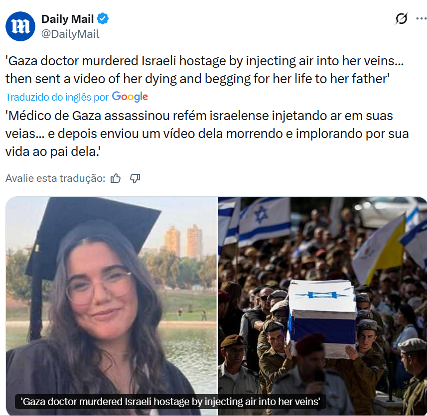 Médico de Gaza MATOU uma REFÉM injetando AR EM SUAS VEIAS! Vamos ver se a mulherada canhota brasileira do palestina livre vai se compadecer por essa moça.

Ele ainda enviou vídeo dela morrendo e implorando por sua vida ao pai dela.
