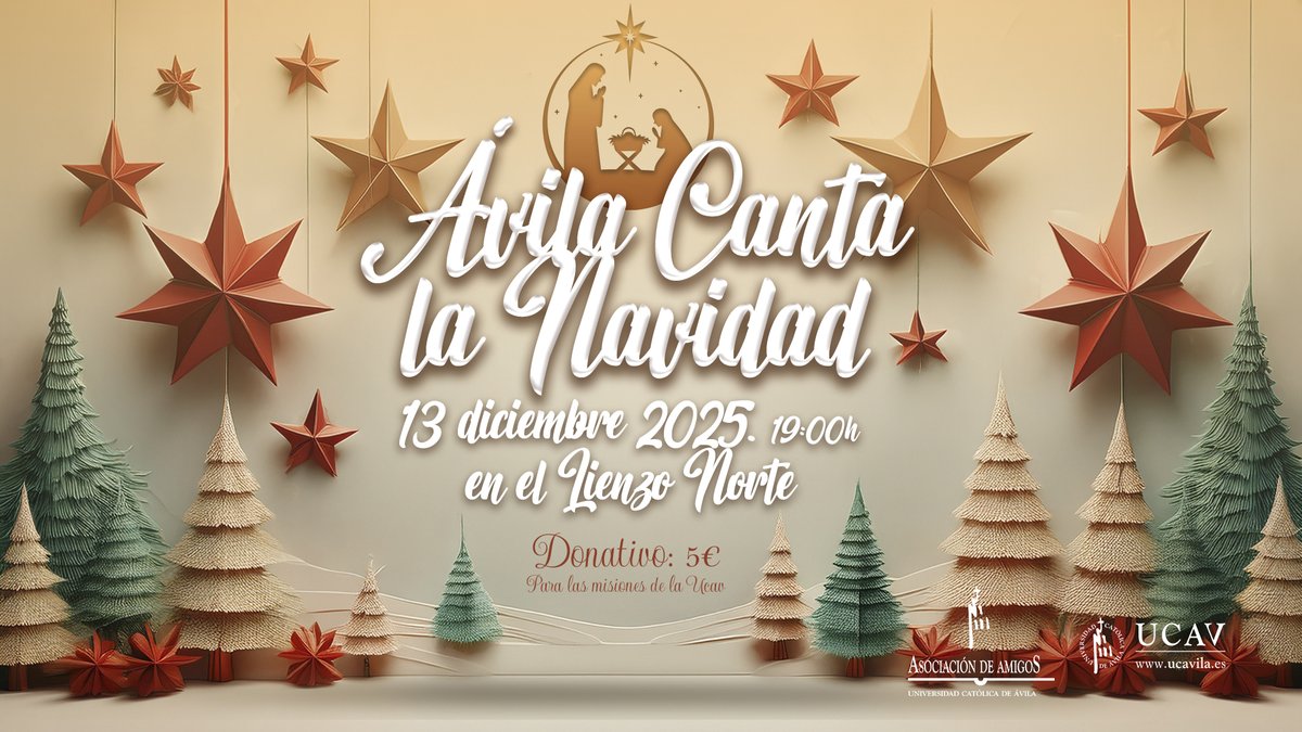 ¡Mañana es el gran día! 🤩

XII edición de Ávila canta la Navidad 🎄
Un concierto solidario cuya recaudación irá destinada a la misión de la #UCAV en Perú.

📅 13 diciembre 
⌚ 19:00
📍 <a href="/LIENZONORTE/">Lienzo Norte</a> 
🎟️ Últimas entradas disponibles

#ÁvilaCantaLaNavidad
