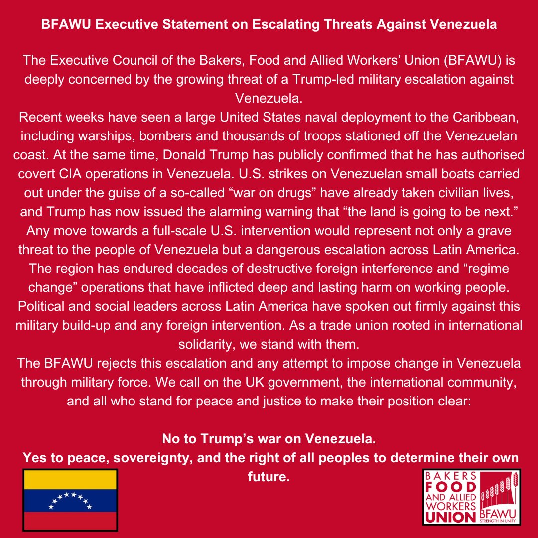 The BFAWU Executive has agreed the statement below, inspired by the Venezuela Solidarity Campaign, opposing the growing threat of war on Venezuela and standing up for peace and international solidarity.