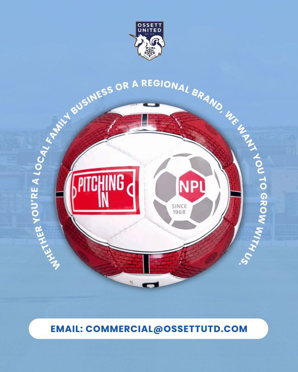 OssettUnited's tweet photo. SPONSOR OSSETT UNITED 🤝🏽

Do you want your brand seen, heard, and remembered?
 From stadium naming and kit sponsorships to media packages and perimeter boards, we’ve got powerful ways to put your business in the spotlight.

Interested?
 Drop our Commercial Manager an email to discuss your opportunities.

📧 commercial@ossettutd.com

#OUFC #StrongerTogether