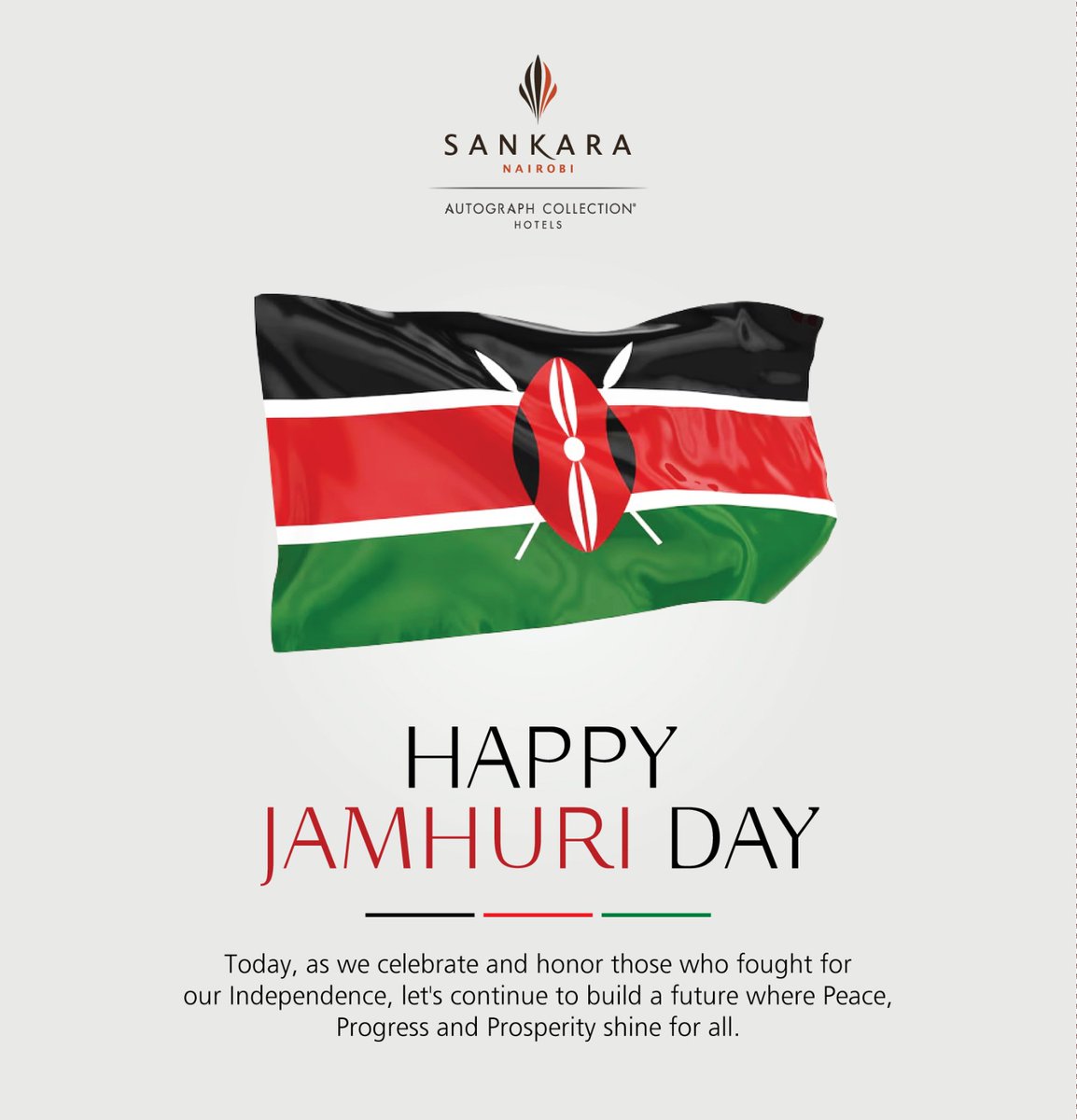 SankaraNairobi's tweet photo. Happy Jamhuri Day, Kenya! 
May this day inspire pride in our heritage, purpose in our actions and hope for the future.  Wishing everyone a joyful and meaningful Jamhuri Day!
#JamhuriDay2025 
#independence 
#exactlylikenothingelse
#sankaranairob
#marriottbonvoy https://t.co/LyH9duEpPY