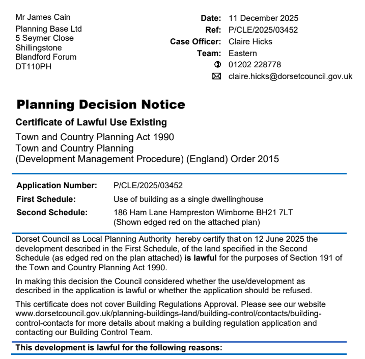 PlanningBase's tweet image. @planningbase secure Lawful Development Certificate for dwelling in #Hampreston near #Wimborne in #Dorset. Robust justification in the form of bank statements and tenancy agreements were submitted and gaps in tenancy evidence justified #clued #cleud #lawfuldevelpmentcertificate