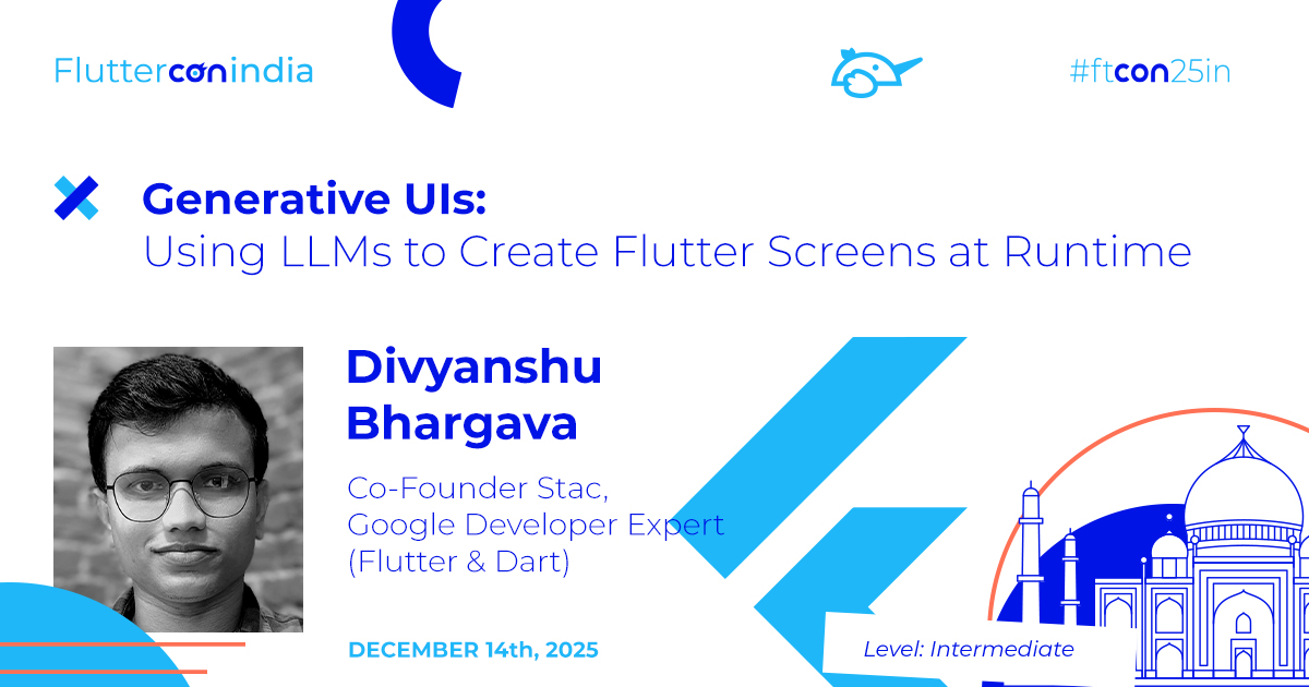 divyanshub024's tweet photo. Generative UIs are reshaping how we build apps. I’m excited to speak at #FlutterCon India, where I’ll dive into how LLMs create Flutter screens at runtime🚀

We will also explore the Flutter Gen UI libraries along with some of my wild experiments✨

#ftconin25 #FlutterDev #GenUI https://t.co/YwKhU7IeSY
