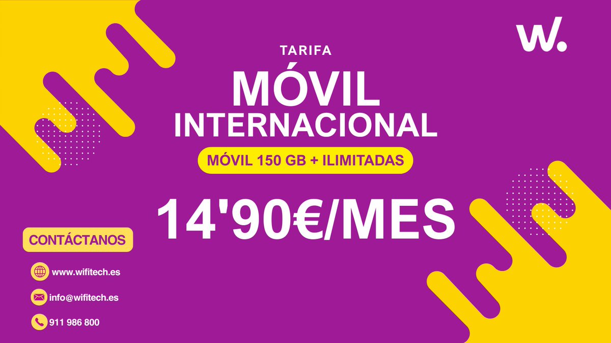 Wifitech__'s tweet photo. Con nuestra tarifa, disfruta de hasta 150GB y llamadas ilimitadas con triple cobertura y 1.000 minutos internacionales incluidos.

📞Llámanos: 911 986 800
💬Escríbenos por WhatsApp: 622 178 855
📧Escríbenos al correo:info@wifitech.es
🌐Visite nuestra web: https://t.co/m2vr1IendI https://t.co/YIKztEDWzj