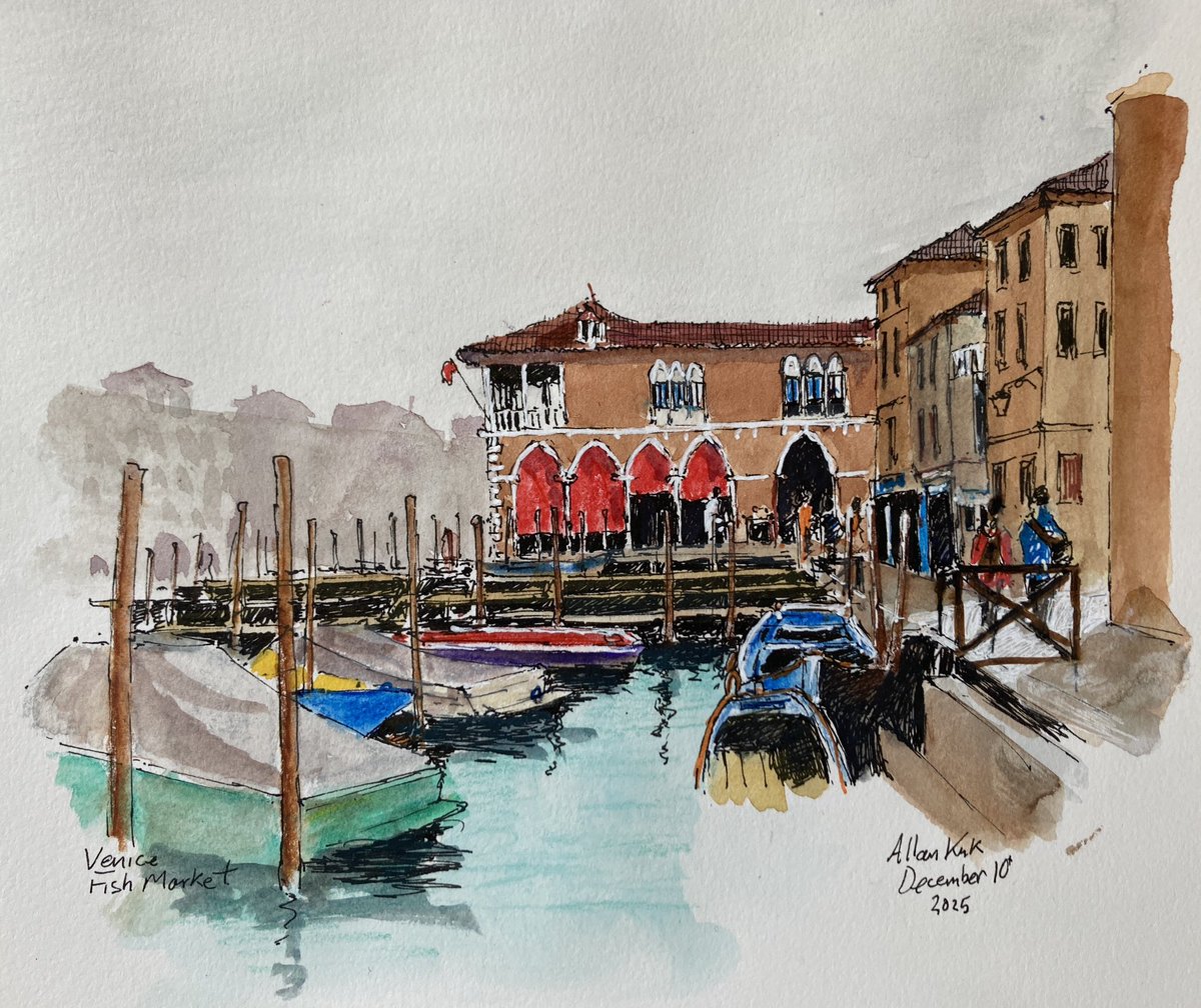 Fish Market in Venice - pen watercolour and watercolour pencils.   #sketchbook #urbansketcher #urbansketchers #sketch #urbansketch #sketchtravel #usk #akirk54 #landscapepainting  #watercolour #thedailysketch  #drawing