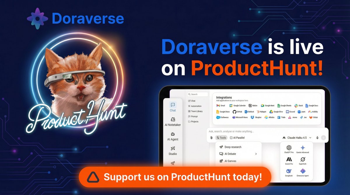 Doraverse_AI's tweet image. 🚀 LIVE NOW on Product Hunt! Doraverse v1.0 OFFICIAL: The Secure All-in-One AI Platform for Work  📷 Discover &amp;amp; Support us on Product Hunt:  producthunt.com/products/dorav… 
📌Our website: doraverse.com
#ProductHunt#AIforWork #SaaS #Doraverse #Productivity
