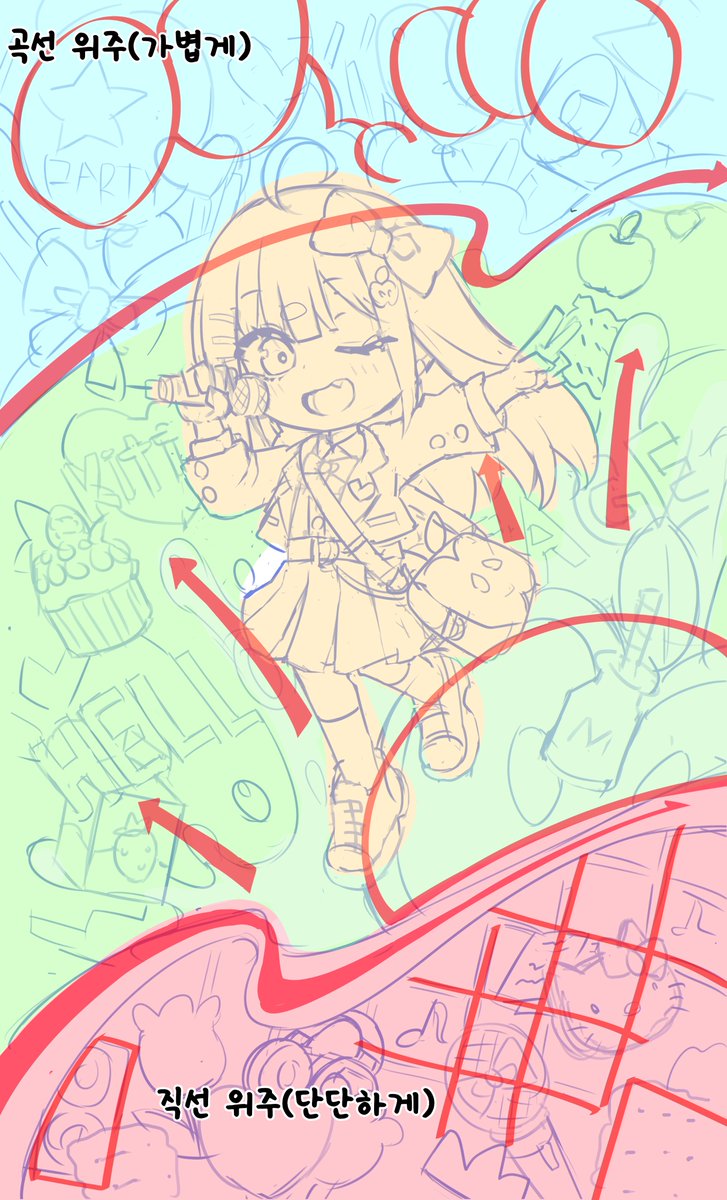 학생 일러스트 피드백 수업 후기.
테라다 선생님의 화풍을 닮고싶어 했습니다😃
point
1.줄어든 비율만큼 소품의 크기도 과감하게
2.곡선을 통해 부드러운 시선의 흐름을 연출
3.소품을 활용해 스토리 텔링을 부여
4.글씨는 시선을 모으므로 인물과 가깝게