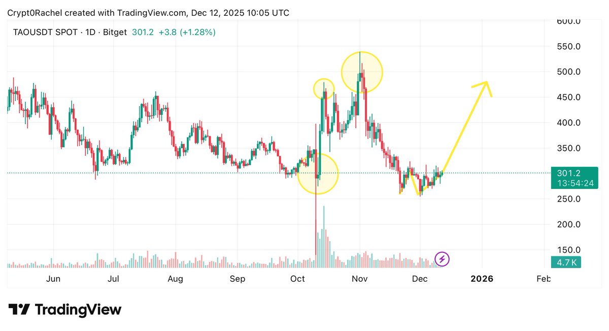 Crypt0Rachel's tweet photo. $TAO is rebounding strongly from the 300 support zone,repeating its previous bullish pattern.

With rising volume and a higher-low forming, the chart points toward a potential move into the 400+ range.

Analysis with @coinexcreators via @coinexcom

#CoinEx #CoinExFixedSaving #TAO https://t.co/jsxUZjdVaw