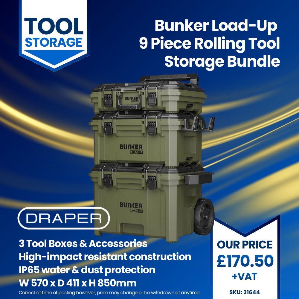 🛠️ Draper Bunker Load-Up 9 Piece Rolling Tool Stacking System Storage Bundle B600‑9PC

👍 High-impact resistant
👍 Reliable interlocking mechanism
👍 IP65 Rated

Order today tinyurl.com/jn7y12ac

#Trades #Install #DraperTools #ElectricianLife #SparkyLife #Tools #Electrician
