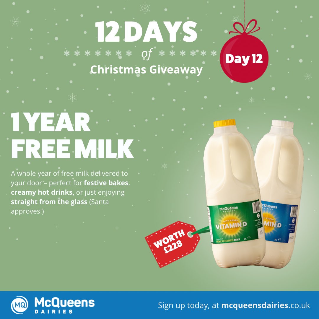 ✨12 days of Christmas competition✨

🎅Day 12 - 1 Year Free Milk
(To win, your address must be within our delivery areas)

HOW TO ENTER: 
🎁FOLLOW @dairiesmcqueens
🎁LIKE AND RETWEET
🎁TAG A FRIEND

🎉EXTRA ENTRIES are also available on our Facebook and Instagram.