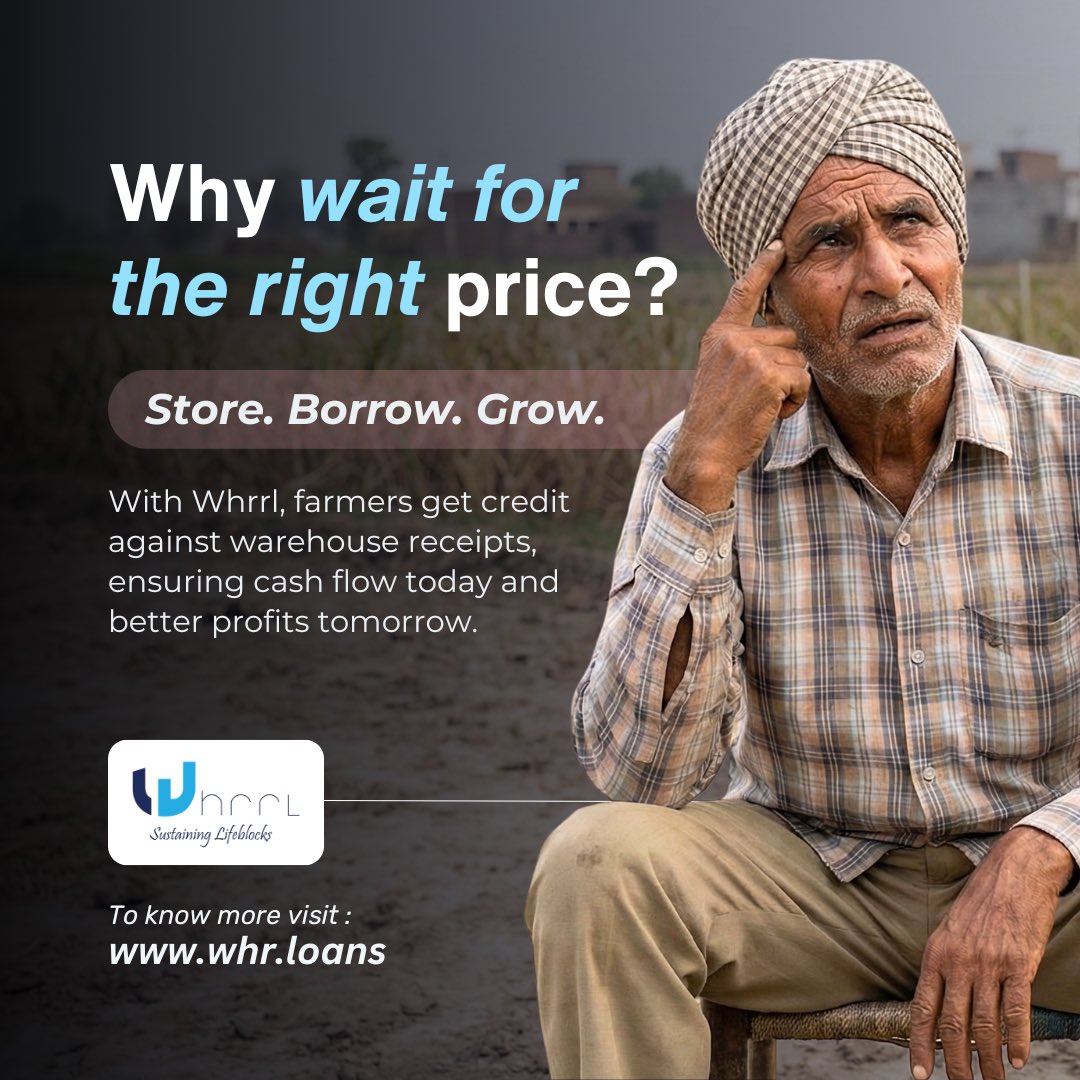 🌾 Why wait for the right price? Store. Borrow. Grow.
With Whrrl, farmers get credit against warehouse receipts, ensuring cash flow today and better profits tomorrow.
Smart finance for a smarter agriculture ecosystem.

#WhrLoans #AgriFinance #WarehouseReceipts #FarmersFirst
