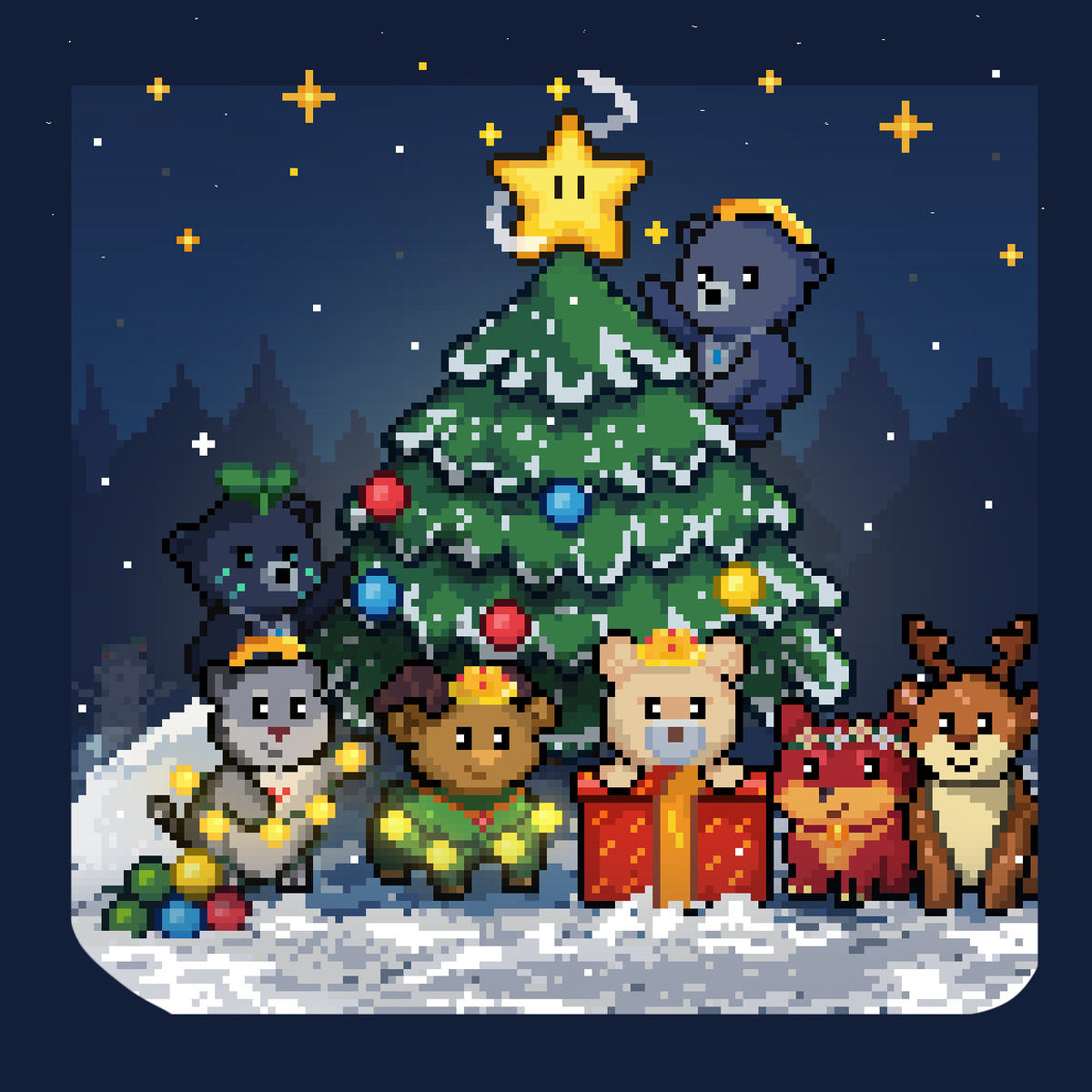 BaobabTale's tweet photo. 🎄✨ Christmas with Pets fanart for @SunflowerLand! ❄️🐾
Just finished my submission,here’s the illustration I made for the event 🎨💛
Loved creating this cozy festive vibe with cute companions 🎅🐶🐱
#Fanart #SFL #PixelArt ✨🌻 https://t.co/b8oNd4lpjd