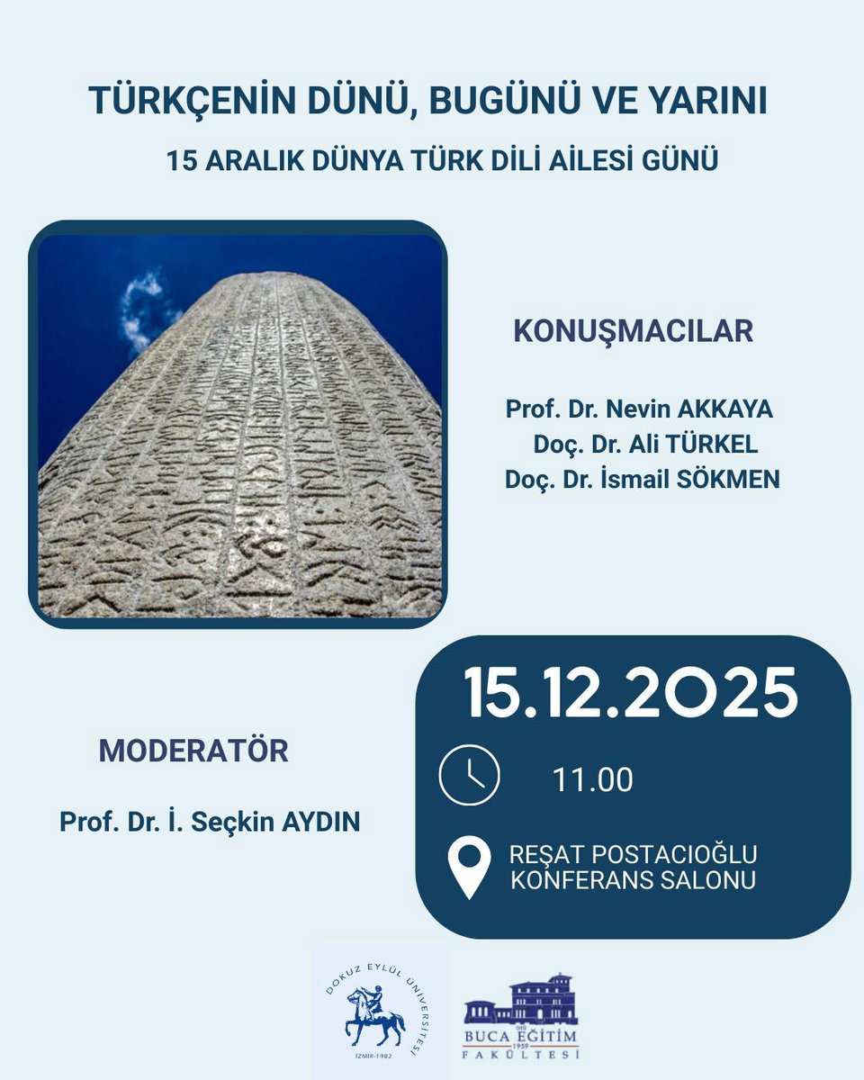 UNESCO tarafından alınan kararla 2025 yılı itibariyle 15 Aralık günü “Dünya Türk Dili Ailesi Günü” olarak kutlanacak. Bu kapsamda Fakültemiz Türkçe Eğitimi Ana Bilim Dalı tarafından düzenlenen "Türkçenin Dünü, Bugünü ve Yarını" başlıklı etkinliğimize bekliyoruz.