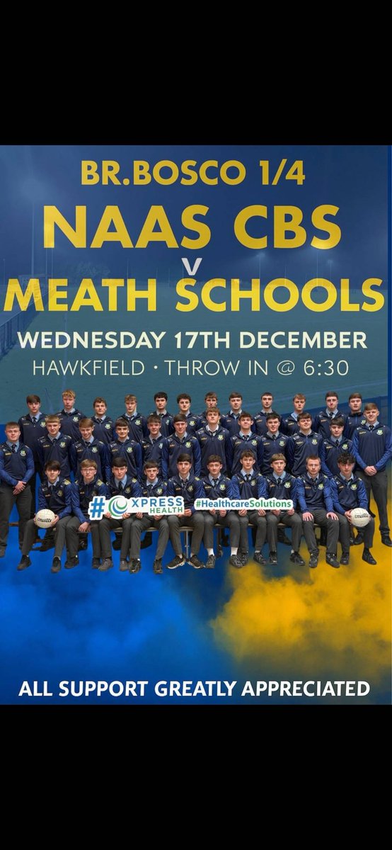 CBSNaas's tweet image. Naas CBS take on Meath Schools Wednesday the 17th of December in Hawkfield at 6.30pm. Let's get behind the team - It would be fantastic to see as many supporters as possible in the stands!!