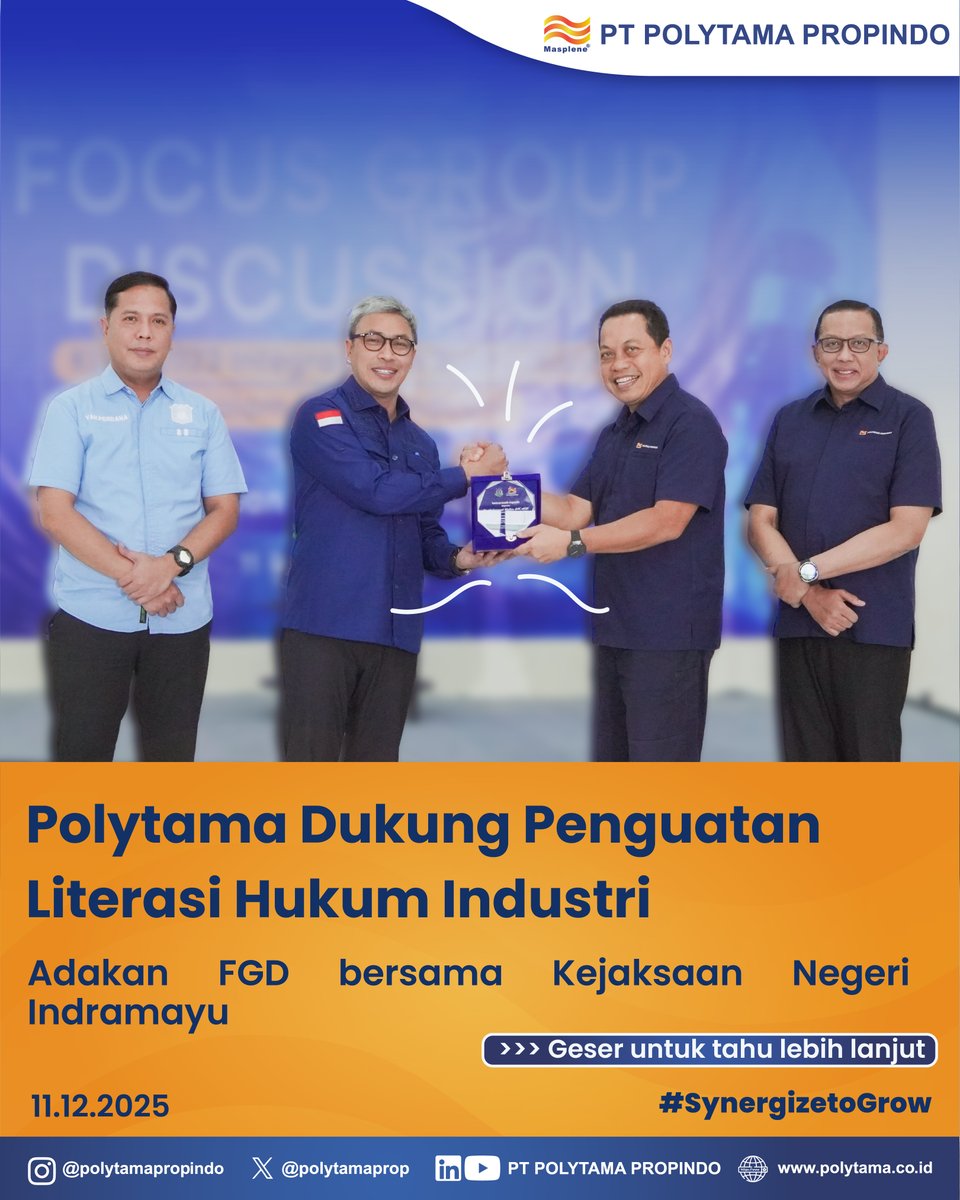 polytamaprop's tweet photo. berikut captionnya mba:

Polytama menyelenggarakan Forum Group Discussion (FGD) bersama Kejaksaan Negeri Indramayu untuk memperkuat pemahaman insan Polytama mengenai KUHP 2023: Integrasi dan Risiko Hukum dalam Sektor Industri.

Polytama,
#SynergizetoGrow https://t.co/QiadvGKHGZ
