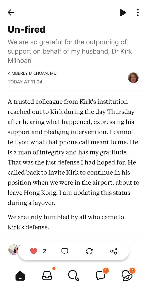 MAHUMO20's tweet photo. #UNENTLASSEN
#UNFIRED
Mein lieber Freund Dr. Kirk Milhoan wurde für seine Arbeit im ACIP (US Impfgremium) von der Klinik, in der er angestellt war, gefeuert.
Ein Kollege hat nun zum Glück interveniert und die Entlassung wurde zurück genommen. 
Dr. Milhoan ist ein international angesehener Kinderkardiologe, der weltweite Hilfsprojekte initiiert hat. 

HIER DIE ÜBERSETZUNG DES SUBSTACK UPDATES SEINER FRAU Dr. Kimberly Milhoan: 
"un-entlassen
Wir sind so dankbar für die überwältigende Unterstützung für meinen Mann, Dr. Kirk Milhoan.
KIMBERLY MILHOAN, MD  
HEUTE UM 11:04
Ein vertrauenswürdiger Kollege aus Kirks Einrichtung hat am Donnerstag während des Tages Kontakt zu Kirk aufgenommen, nachdem er erfahren hatte, was passiert war. Er sprach ihm seine Unterstützung aus und versprach, sich einzusetzen. Ich kann euch gar nicht sagen, was dieser Anruf für mich bedeutet hat. Er ist ein Mann von Integrität und hat meine ewige Dankbarkeit.  
Genau das war die Art von Verteidigung, auf die ich gehofft hatte. Er hat zurückgerufen, um Kirk einzuladen, seine Position weiterhin wahrzunehmen, während wir am Flughafen standen und gerade Hong Kong verlassen wollten. Ich aktualisiere diesen Beitrag während eines Zwischenstopps.
Wir sind zutiefst demütig berührt von allen, die sich für Kirks Sache eingesetzt haben."