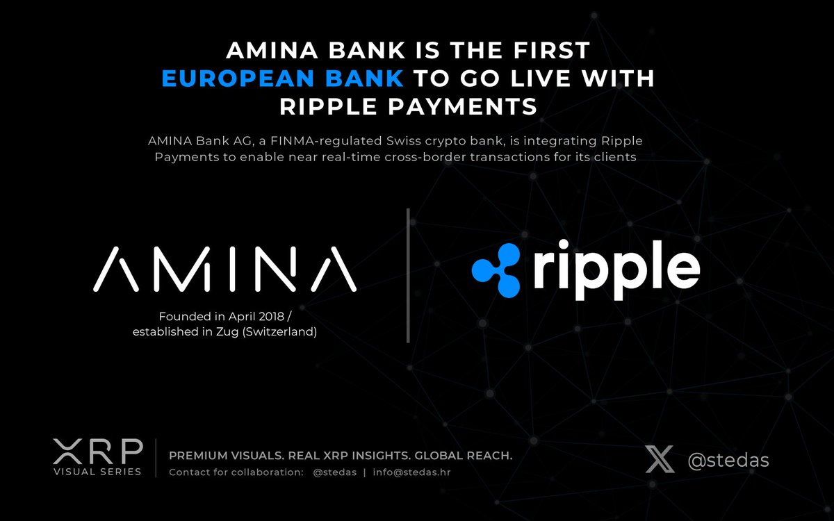 🔥AMINA bank becomes the first European bank to go live with Ripple  Payments. The partnership creates a compliant bridge between fiat and  blockchain, improving cross-border payments for crypto-native clients. #XRP