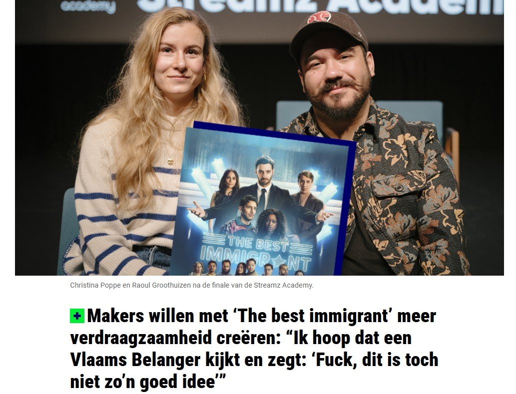 The Best Immigrant: openlijke politieke propaganda, betaald met uw belastinggeld.

➡️ €335.000 Screen Flanders
➡️ €100.000 VAF
➡️ + Tax Shelter

Makers zeggen zelf dat de reeks bedoeld is om VB-kiezers te doen “schrikken”.
Dat mag.

Maar waarom moet de Vlaming dat betalen?