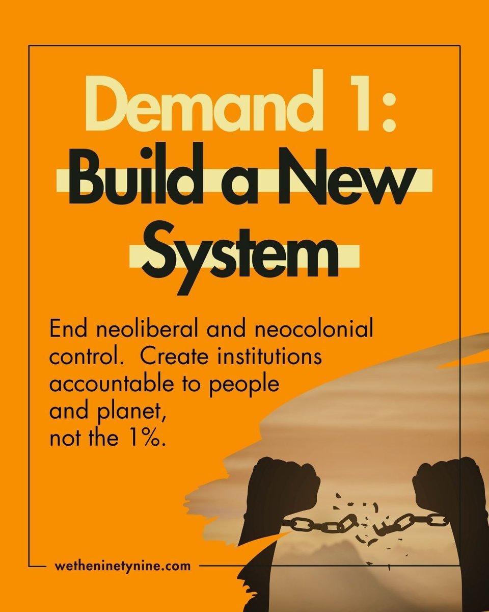 The current system is broken. ​ It serves the 1% while the 99% struggle. ​We demand a new system that ends neoliberal and neocolonial control and puts people and planet first. ​ 🌍✊  
 
Read the full Johannesburg We The 99 declaration: wetheninetynine.com/declaration/ 
 
#WeThe99