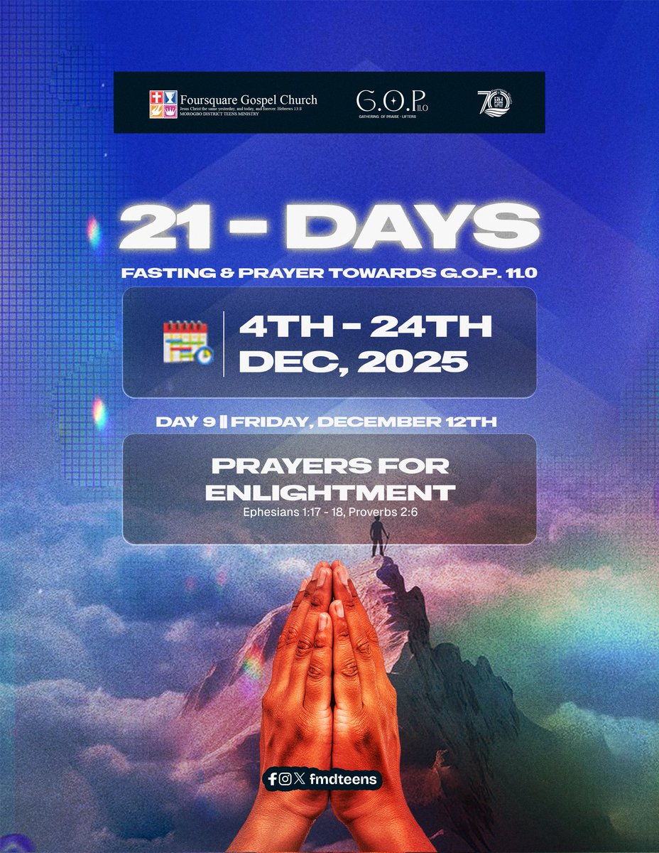 FMDteens's tweet photo. Through prayer, God refines us.
Through fasting, He purifies us.
Through seeking Him, He draws us into deeper intimacy.

Join us as we fast and pray for the success of GOP 11.0.

December 4th-24th

#GOP11.0 #CityOfMorogbo #December2k25 #Fasting&amp;Prayer #Transformed #FMDTeens https://t.co/ivBohejTLN