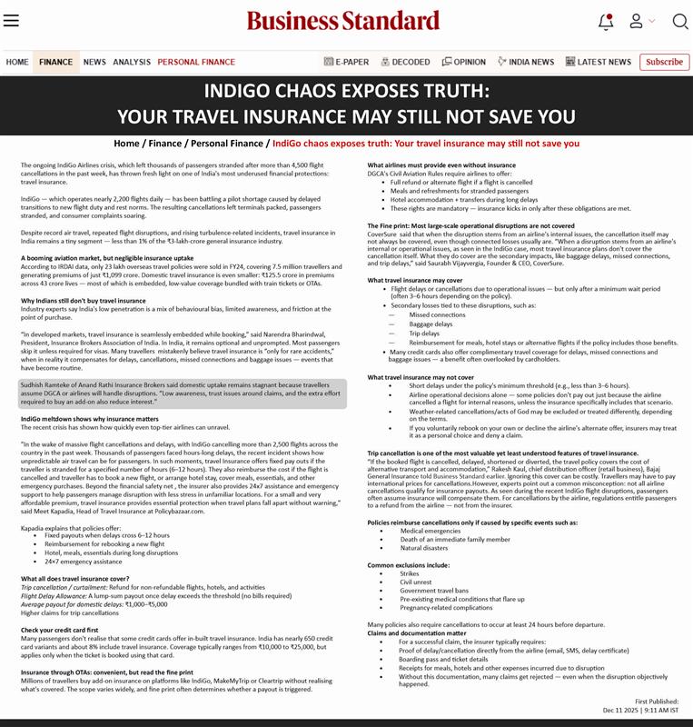 InsuranceRathi's tweet image. Media Mention – Expert Speak🎙️

Mr. Sudhish Ramteke highlights why travel insurance may still fall short during large-scale disruptions like flight shutdowns—especially around delays, missed connections &amp;amp; baggage issues.

Read: shorturl.at/6sjjN

#ARIBL #News #Insurance