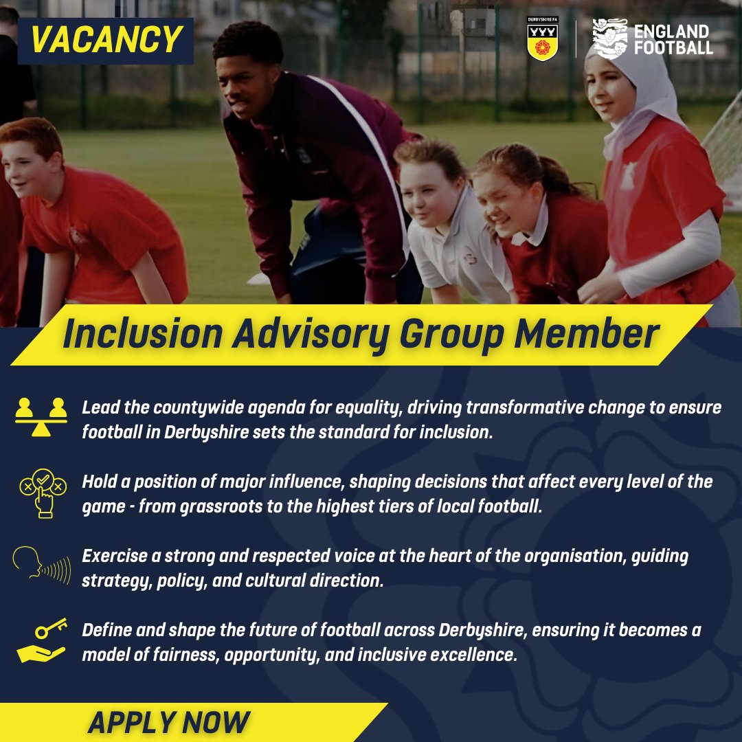 Join our Inclusion Advisory Group and help shape the future of grassroots football in Derbyshire. ⚽

We’re looking for passionate, driven individuals ready to influence real change and ensure football is inclusive, welcoming, and accessible to all.
If you believe the game has