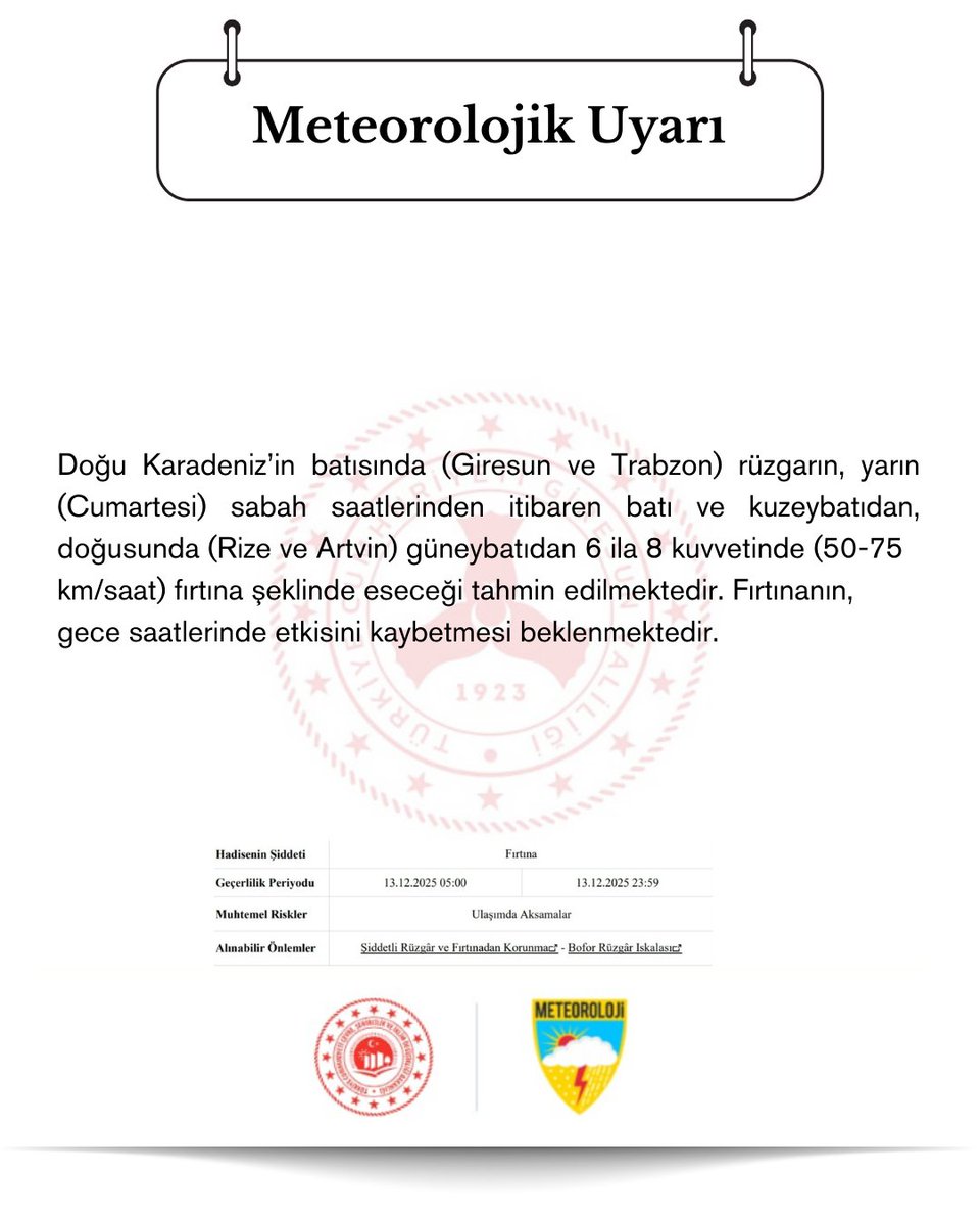 📢 METEOROLOJİK UYARI‼️
DOĞU KARADENİZ’DE KUVVETLİ RÜZGÂR VE FIRTINA BEKLENİYOR

Meteoroloji Genel Müdürlüğü’nün son değerlendirmelerine göre;
📅 13 Aralık 2025 Cumartesi günü sabah saatlerinden itibaren

🌬️ Doğu Karadeniz’in batısında (Giresun ve Trabzon) rüzgârın batı ve