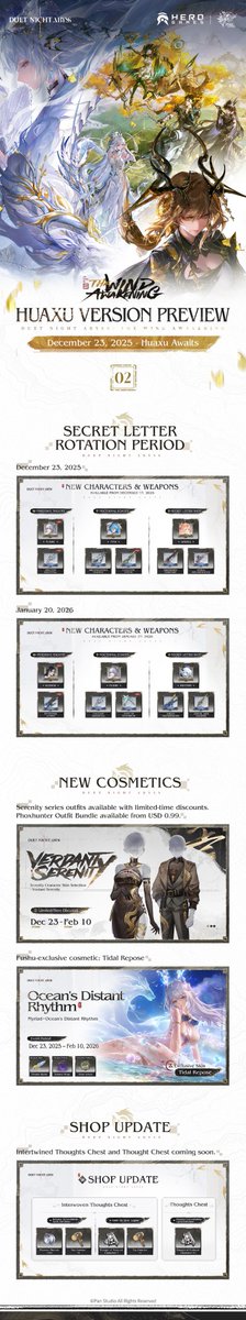 DNAbyss_EN's tweet image. Duet Night Abyss | Huaxu Version Launches December 23

✦ Version Rewards
Log in after the version update to receive one Serenity Character Skin Selection – Dark Jade for free.

✦ New Characters &amp;amp; Weapons
New characters Fushu and Kezhou will be available, alongside new weapons…