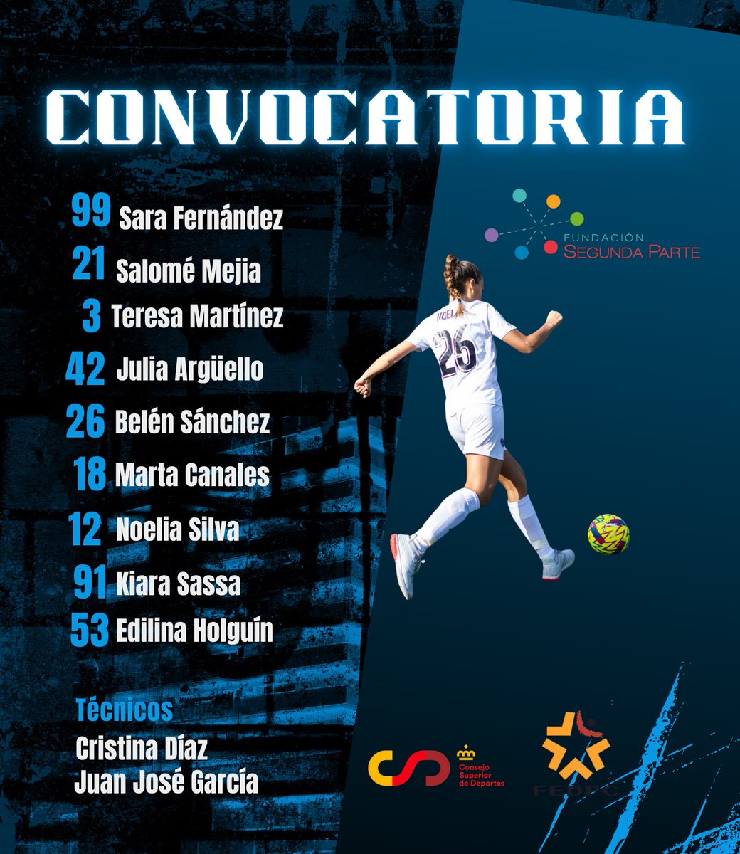 _FEDPC_'s tweet photo. 🚨Convocatoria OFICIAL de la Fundación Segunda Parte para la Copa de España

99-Sara Fernández
21-Salomé Mejía
3-Teresa Martínez
42-Julia Argüello
26-Belén Sánchez
18-Marta Canales
12-Noelia Silva
91-Kiara Sassa
53-Edilina Holguín

🧢 Cristina Díaz y Juan José García

😎¡SUERTE! https://t.co/9cKraY3JZj