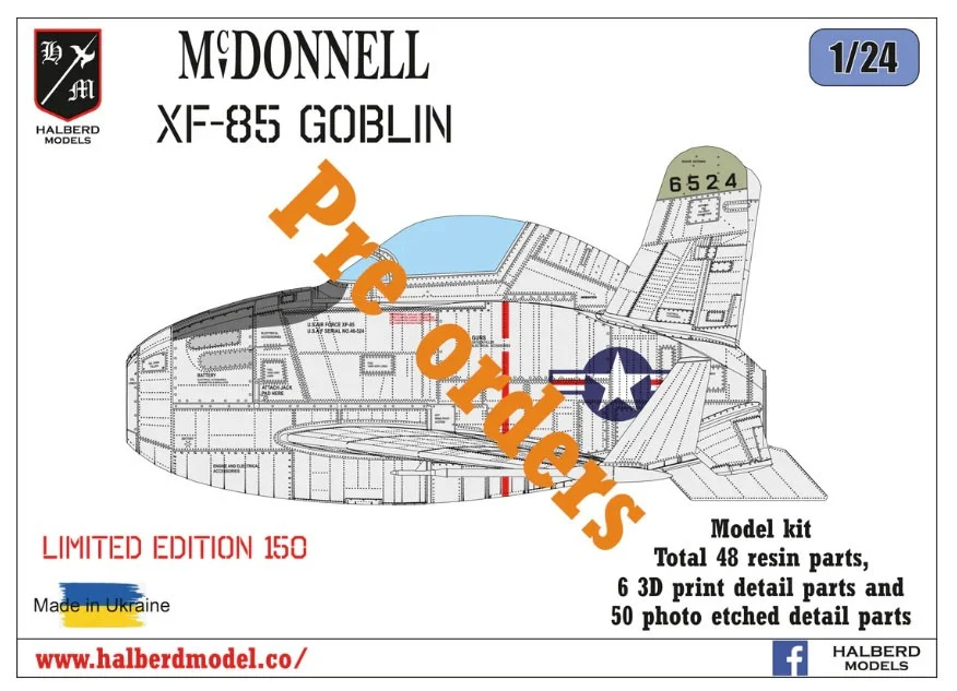 hobbysearch_mm's tweet photo. 【レジンキット予約】Halberd Models(ハルバートモデルズ)
1/24 マクドネル XF-85 ゴブリン 試作戦闘機
予約開始です！→ https://t.co/OVUeXgQs5I
B-36の爆弾槽内に収納できる親子戦闘機として開発。
キットは全幅約267mm、全長約188mmとなります。
#レジンキット #XF85 #試作機 #Scalemodels https://t.co/h4r65sQ1LQ