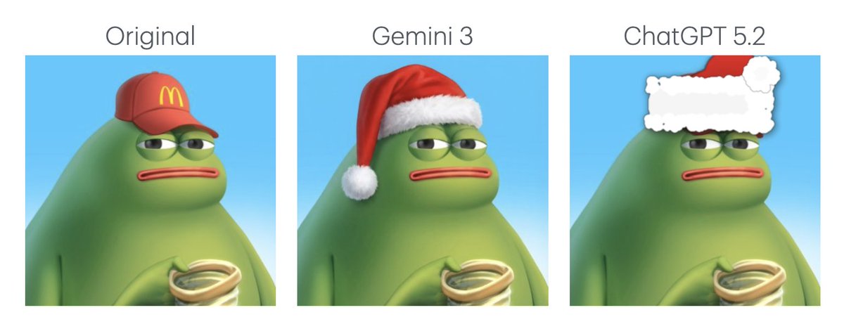 crypto_condom's tweet image. Its that time of year again so decided to try out santa hat PFP generation on Gemini 3 vs ChatGPT 5.2 

Gemini 3 generation was about 30sec. 
ChatGPT 5.2 was 4min. 

I think the results speak for themselves. I remain comfy in my assertion that @OpenAI and its leveraged beta…