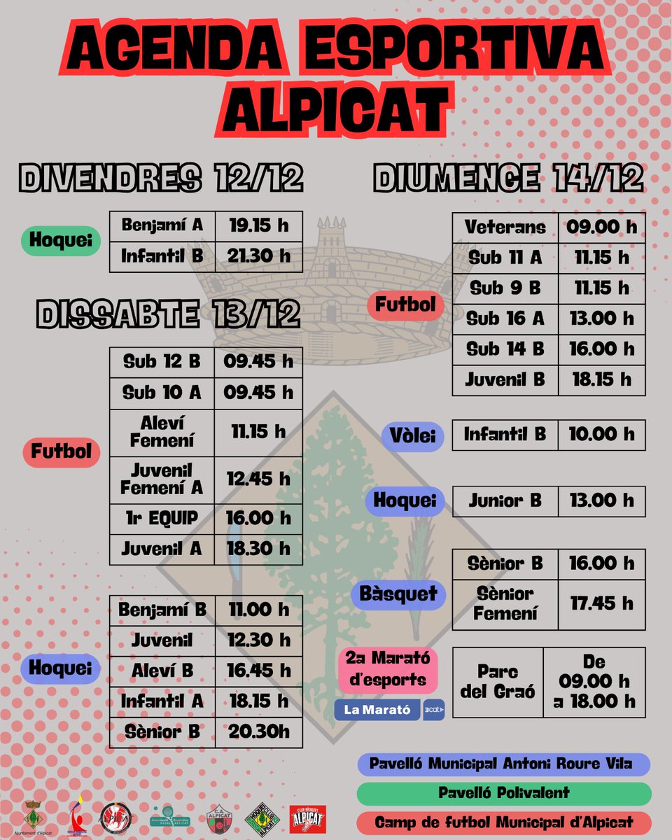 📣 Aquí teniu l'agenda esportiva d'Alpicat per aquest cap de setmana 📝
🫵🏽 Us convidem a gaudir-ne i a animar els nostres representants 
⚽🏀🎾🏐🏑
👏🏽 Tothom amb Alpicat 💪🏽