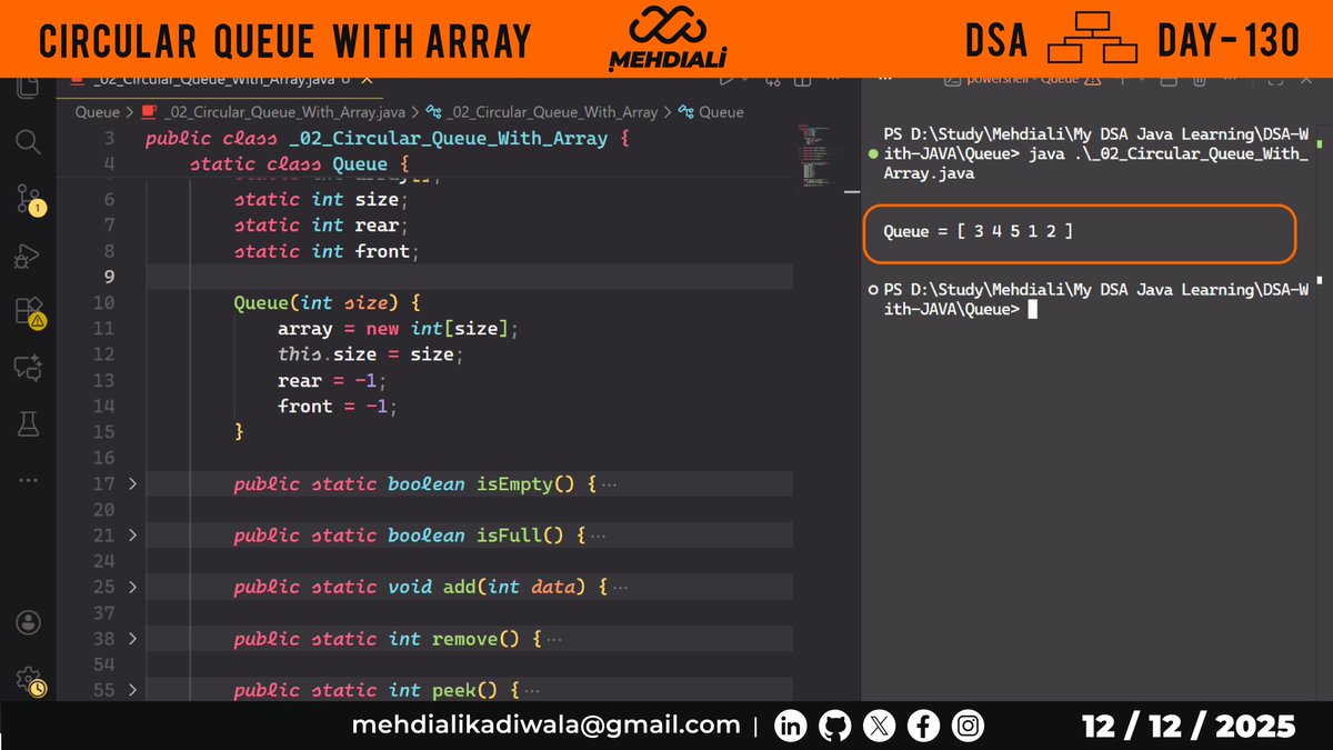 mehdiali_mk's tweet image. Circular Queue with Array  | DSA – DAY – 130
Github Link: github.com/mehdiali-mk/DS…

LinkedIn: linkedin.com/in/mehdiali-mk/

#365DaysofCode #365dayscoding #100daysofcodechallenge #100daysofcode #LearnDSA #DSAinJava #JavaProgramming #AlgorithmDesign #CodingPractice #codedaily