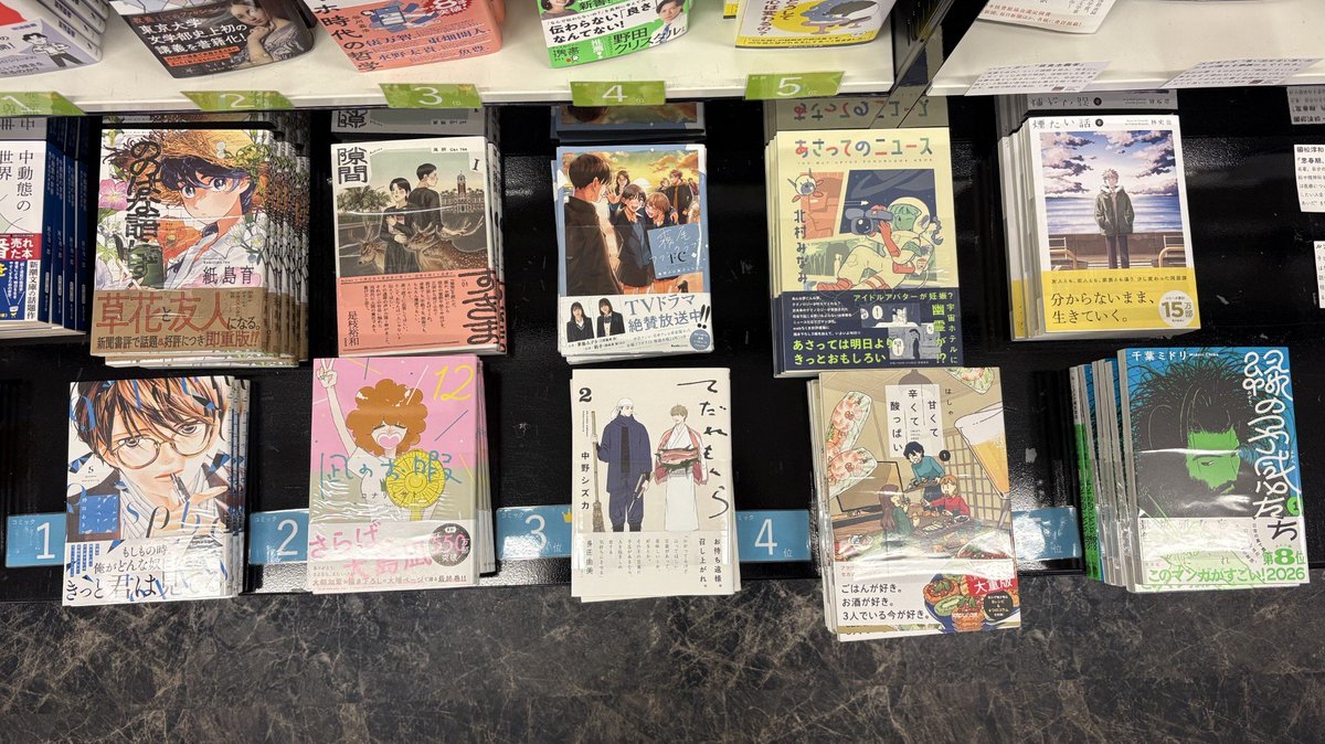 Aoyama_book's tweet photo. 【2025年コミック年間ランキング】

1位 持田あきさん『ゴールデンラズベリー 5』(祥伝社)
2位 コナリミサトさん『凪のお暇 12』(秋田書店)
3位 中野シズカさん『てだれもんら 2』(KADOKAWA)
4位 はしゃさん『甘くて辛くて酸っぱい 1』(マガジンハウス)
5位 千葉ミドリさん『緑の予感たち 1』(リイド社)
6位 紙島育さん『ののはな語らず』(光文社)
7位 高妍さん『隙間 1』(KADOKAWA)
8位 地球のお魚ぽんちゃんさん『霧尾ファンクラブFC』(実業之日本社)
9位 北村みなみさん『あさってのニュース』(筑摩書房)
10位 林史也さん『煙たい話 6』(光文社)