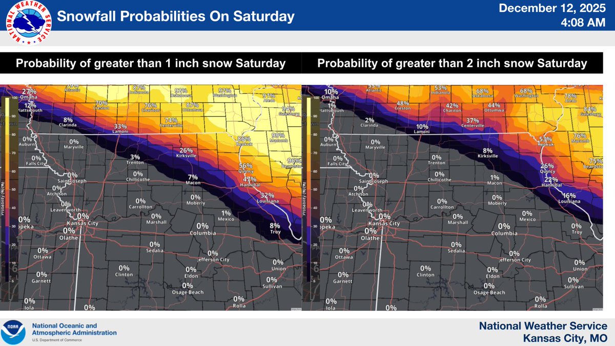 NWSKansasCity's tweet image. Flurries are possible today. Light snow possible for northern/northeastern MO on Saturday. Bitter cold settles in Saturday night–Monday, with subzero wind chills Sunday and values near -20 in northern/northeastern MO. Temps rebound into the 40s and 50s later next week.