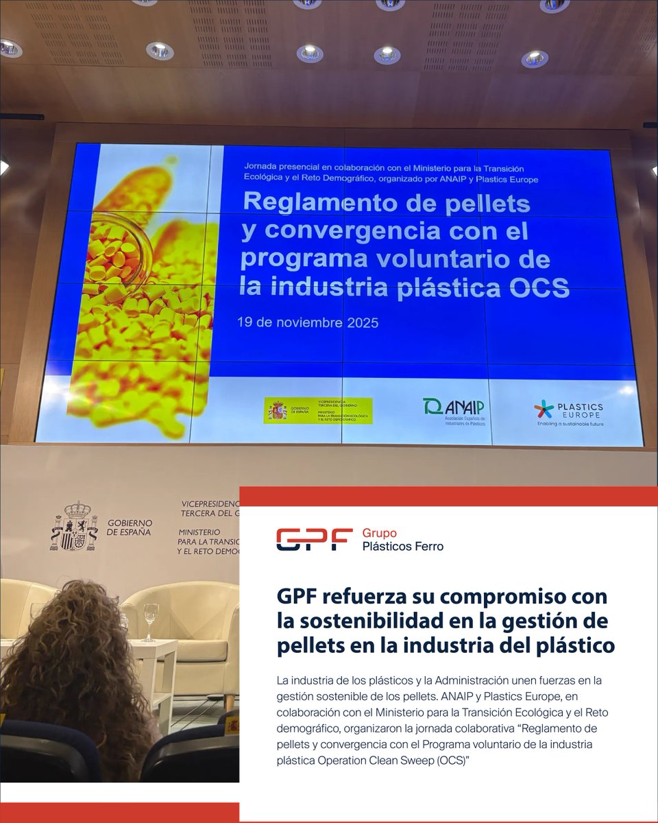 GRUPOGPF's tweet photo. ♻️ Comprometidos con la sostenibilidad: 

GPF participó en la jornada sobre el nuevo Reglamento Europeo de pellets y #OCS, reforzando buenas prácticas para prevenir microplásticos y proteger ecosistemas. @ANAIP_es @PlasticsEuropES

#Sostenibilidad #Pellets #Microplasticos #GPF https://t.co/0MuQkzPAO0