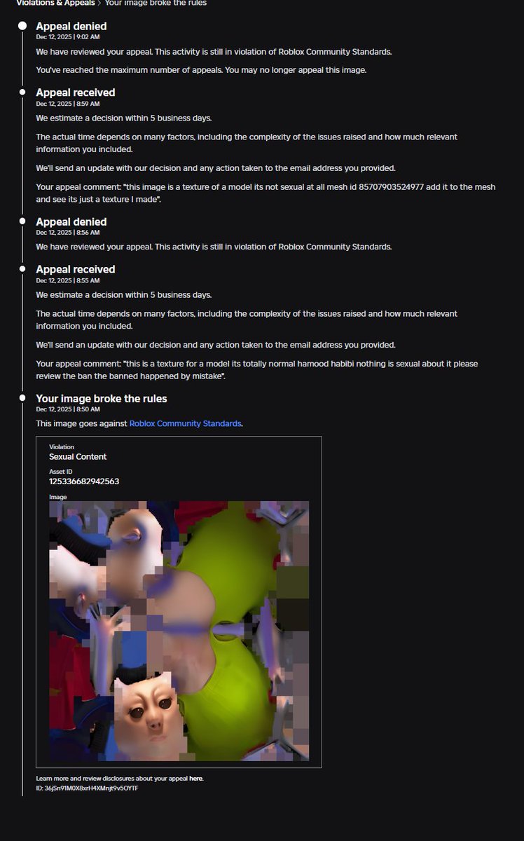 SwarkDev's tweet photo. @lazykits @Roblox Their ai is banning a ton of creators recently even that they just uploaded normal things like me https://t.co/Wd3F9xnHyf