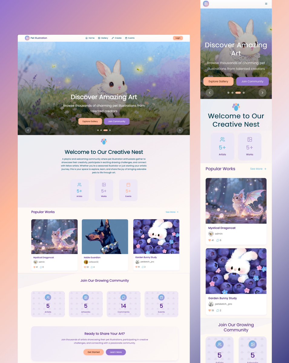 autocoder_cc's tweet image. ✨ A cozy and playful space crafted for pet lovers and hobby artists. This concept brings together soft sky blue, lavender, and peach tones to create a gentle world filled with charming illustrated animals. 🐶🐱
Browse adorable artwork, join creative challenges, upload your own…