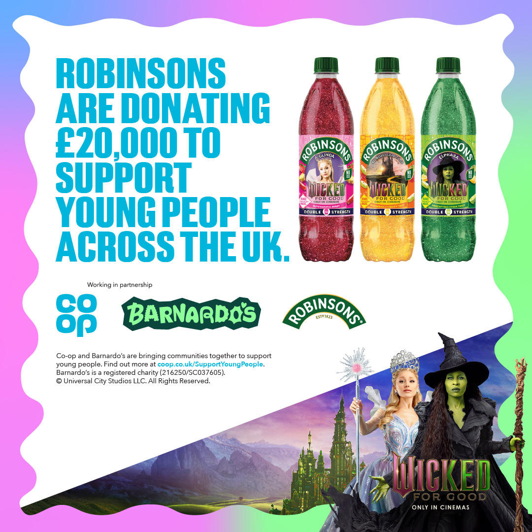 At <a href="/coopuk/">Co-op</a> we’re thrillified that our charity partner, Barnardo’s, and Wicked: For Good are joining forces. Robinsons are joining the magic with their Glitterific limited edition squash to celebrate the film and with a £20,000 donation to our partnership with Barnardo’s 🙌